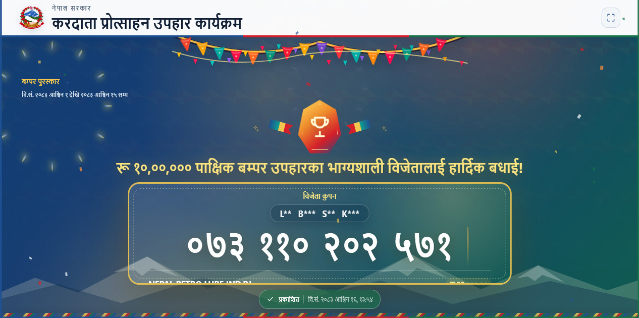 करदाता प्रोत्साहन असोज १ देखि १५ गतेसम्मको उपहारका विजेता घोषणा
